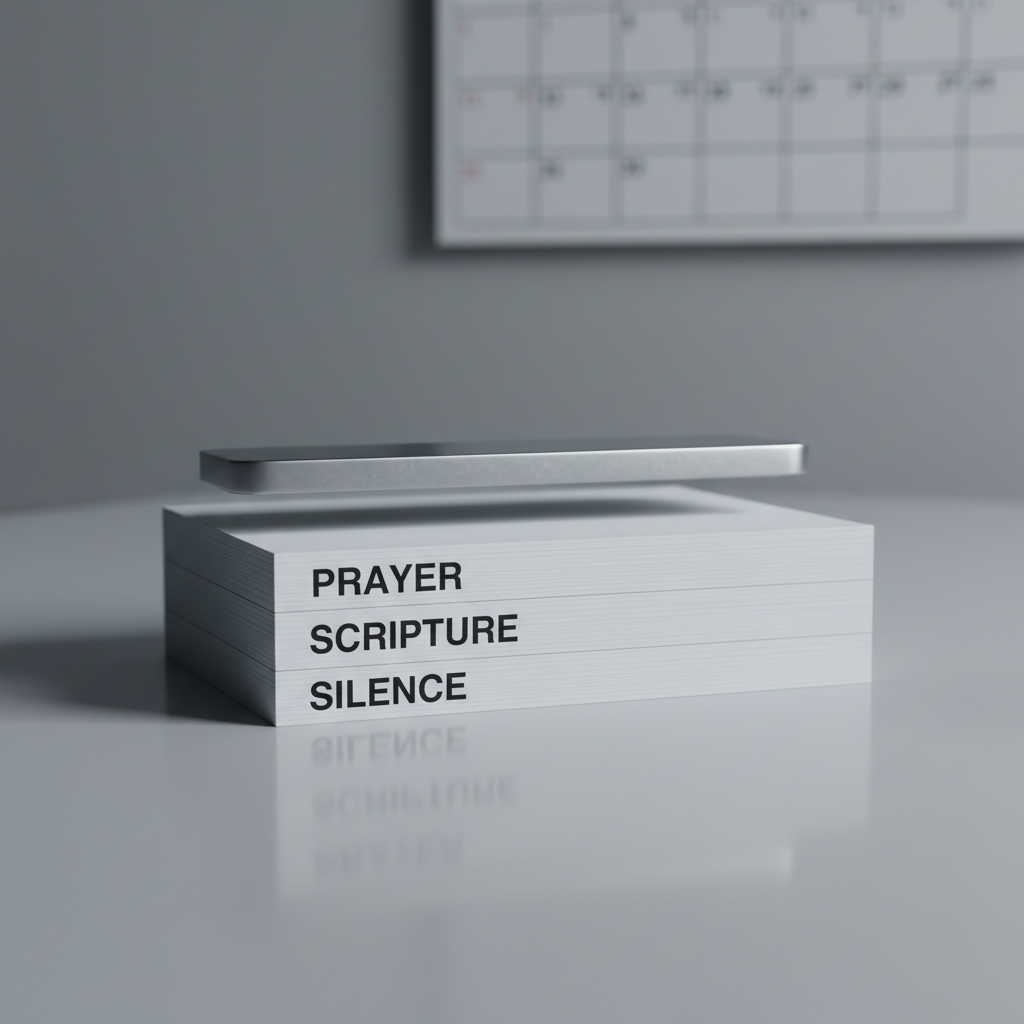 A series of neatly stacked white index cards, each with a bold, printed spiritual practice term like “Prayer,” “Scripture,” and “Silence” visible on the top few cards, rests on a smooth, light-gray desk surface. A slim, brushed-metal paperweight holds the stack in place, conveying order and intentionality. In the softly blurred background, a minimalist wall calendar with clean typography and precise grid lines hints at a structured rhythm of formation. Cool, diffused studio lighting from above and slightly to the left produces soft shadows and subtle highlights on the card edges. Photographed from a slightly elevated, close-up perspective with shallow depth of field, the mood is thoughtful, methodical, and calm, aligning with a professional, corporate aesthetic in photographic realism.