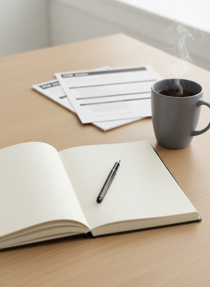 An open notebook with crisp, ivory pages lies on a light oak table, a fine-tip black pen resting precisely along the center fold. To the side, a simple slate-gray ceramic mug of tea emits a faint wisp of steam. A small stack of neatly printed, clipped PDF pages with headings and structured bullet points sits in the background, slightly out of focus, suggesting downloadable resources. Soft, diffused daylight from an unseen window illuminates the scene, creating even, shadow-free lighting and a clean, corporate aesthetic. Captured from a slightly elevated angle with balanced composition and clear focus on the notebook, the image feels orderly, approachable, and intentional, conveying structured learning and reflection in a professional, photographic style.